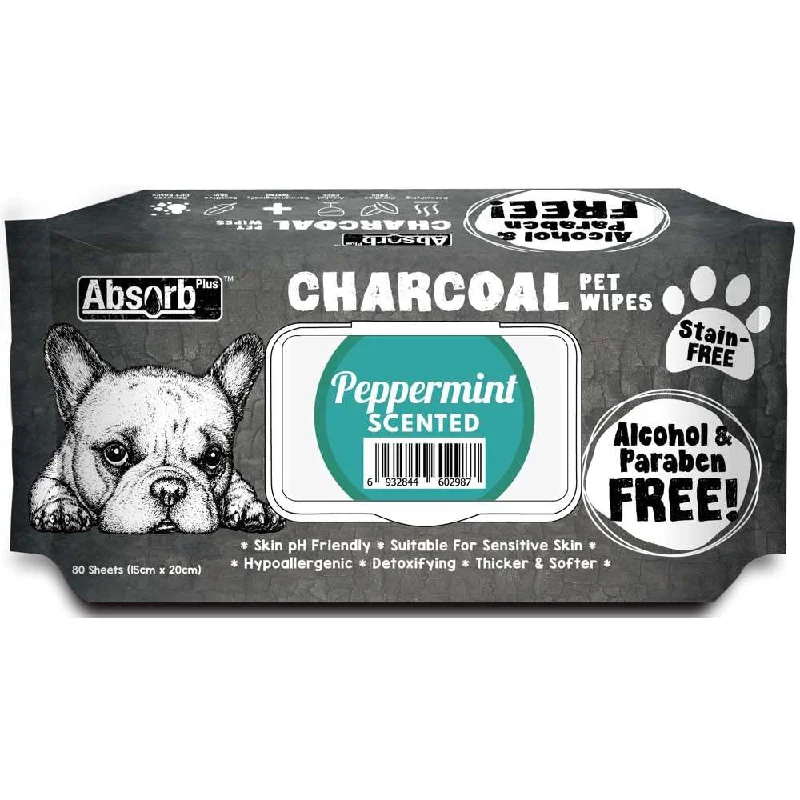 4 FOR $20: Absorb Plus Charcoal Peppermint Scented Pet Wipes 80ct